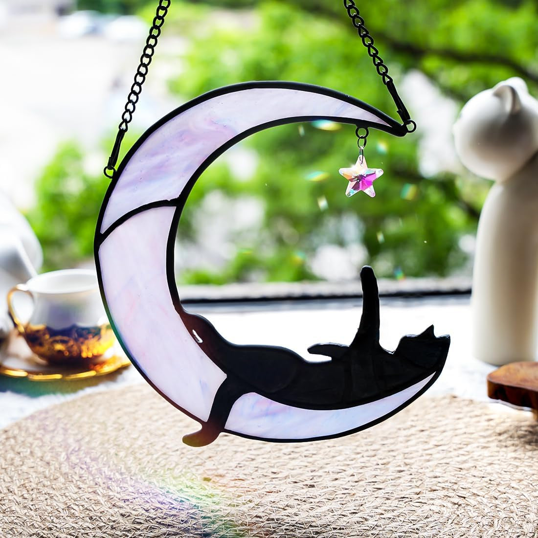BOXCASA Black Cat Moon Suncatchers for Windows - Elegant Stained Glass Decor and Unique Gifts for Cat Lovers and Witch Enthusiasts