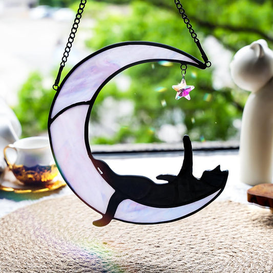 BOXCASA Black Cat Moon Suncatchers for Windows - Elegant Stained Glass Decor and Unique Gifts for Cat Lovers and Witch Enthusiasts
