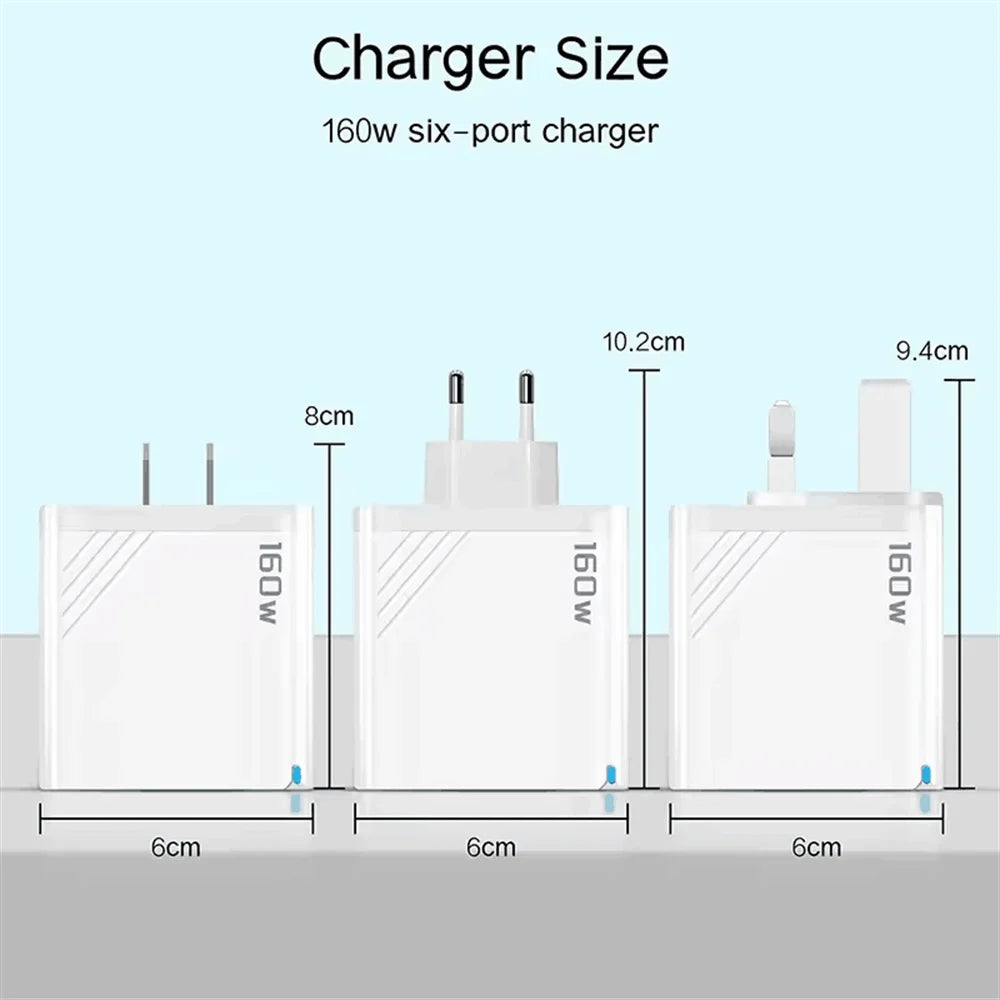 160W Multi Ports USB Charger Type C Fast Charging EU/US Plug Wall Charger for Iphone Samsung Xiaomi Huawei Phone Charger Adapter