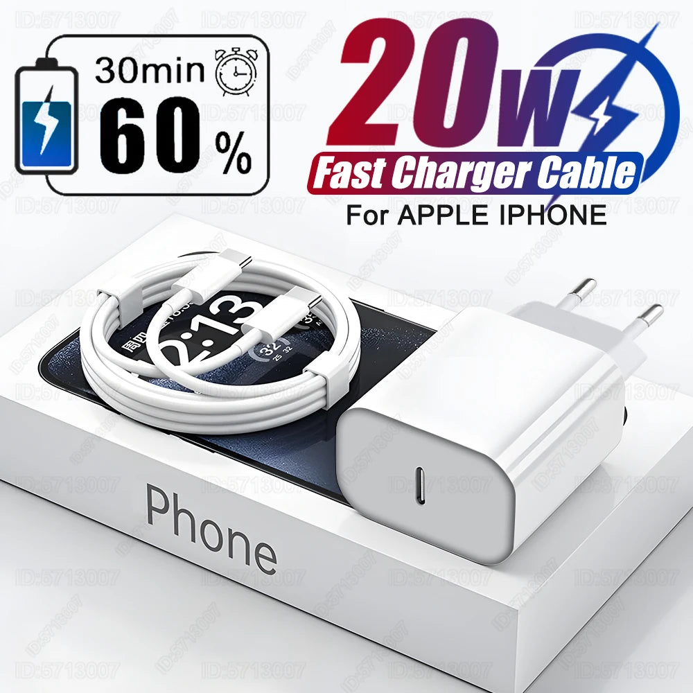 US EU Adapter 20W PD Fast Charger for Iphone 13 12 11 14 15 16 Pro Max plus Fast Charging USB C Charger Type C Cable Accessories
