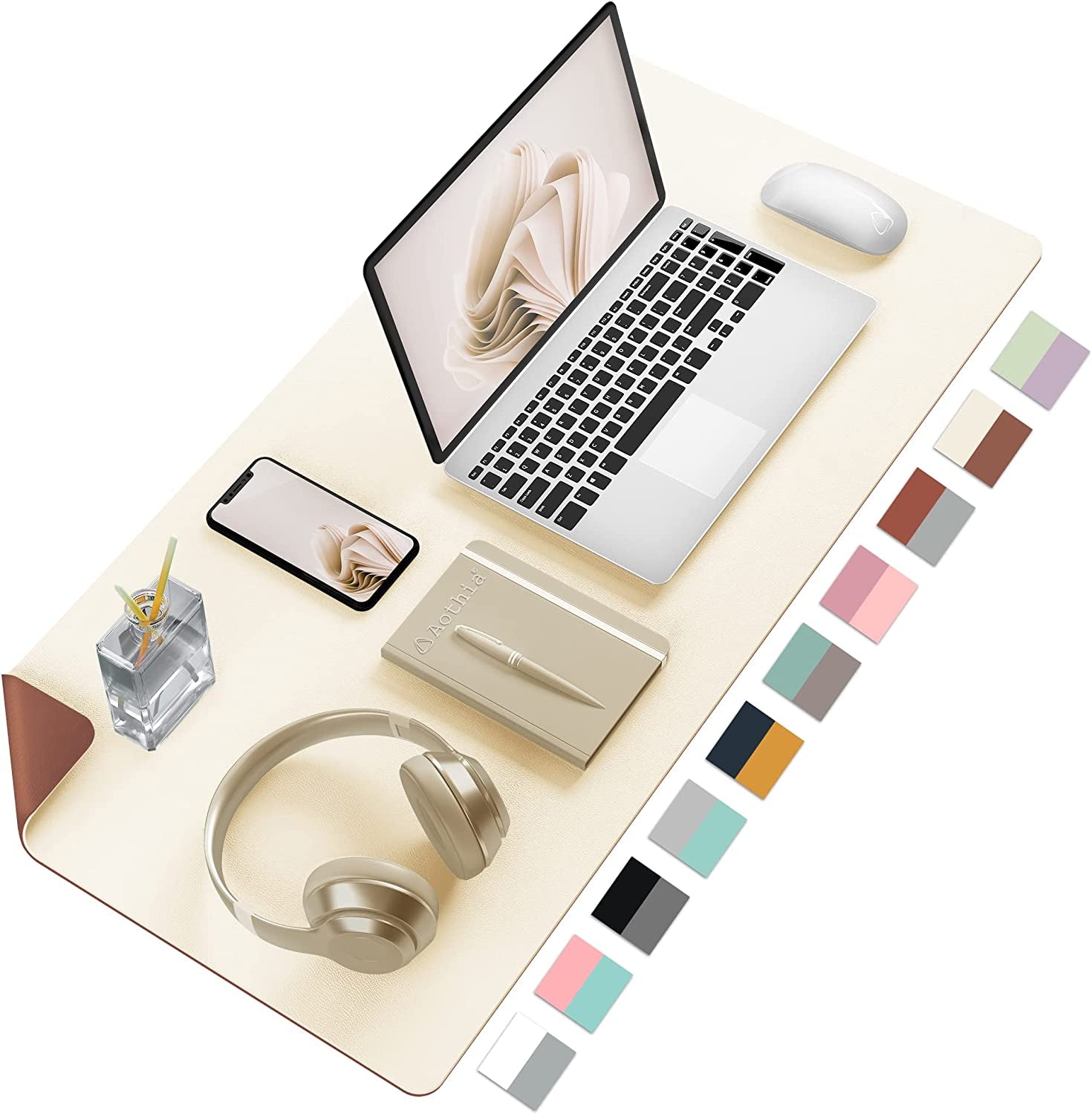 Aothia Double-Sided PU Leather Desk Pad - Large Non-Slip Mouse Pad and Desk Mat for Office and Home - Waterproof, Easy to Clean, Durable Dual-Sided Surface (23.6" x 13.7", Beige)