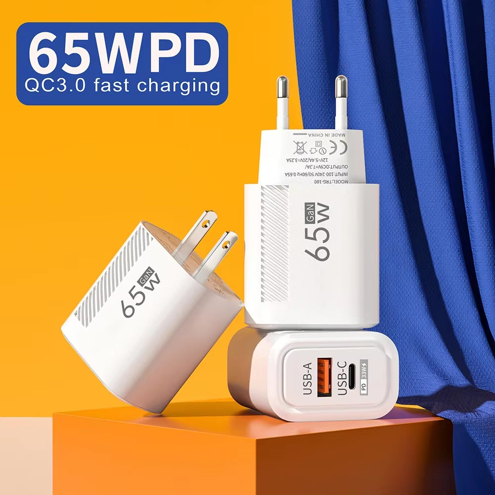 Total 65W Gan USB C Charger Type C PD Fast Charging Quick Charge USB Mobile Phone Wall Adapter for Iphone 16 Xiaomi 14 15 Redmi