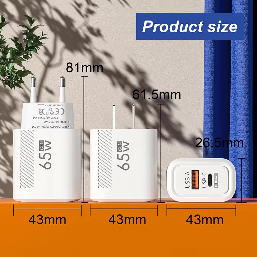 Total 65W Gan USB C Charger Type C PD Fast Charging Quick Charge USB Mobile Phone Wall Adapter for Iphone 16 Xiaomi 14 15 Redmi