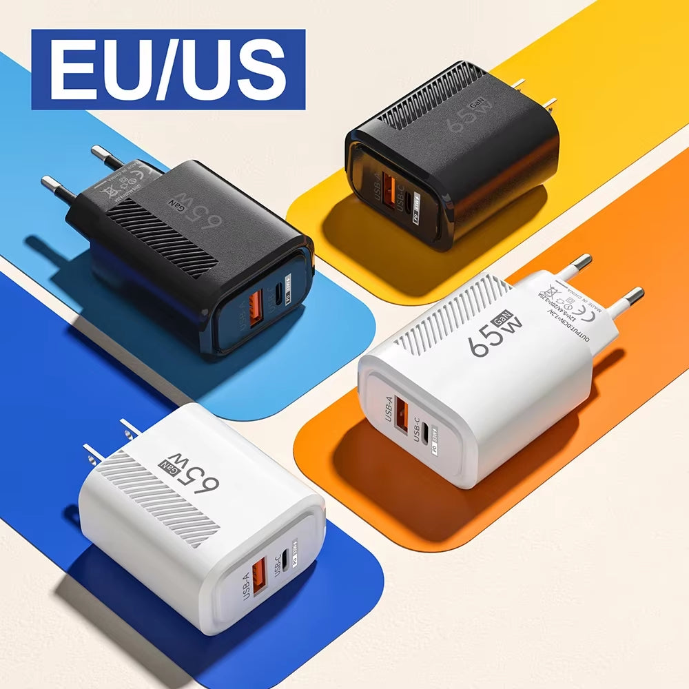 Total 65W Gan USB C Charger Type C PD Fast Charging Quick Charge USB Mobile Phone Wall Adapter for Iphone 16 Xiaomi 14 15 Redmi