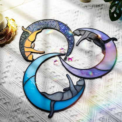 BOXCASA Black Cat Moon Suncatchers for Windows - Elegant Stained Glass Decor and Unique Gifts for Cat Lovers and Witch Enthusiasts