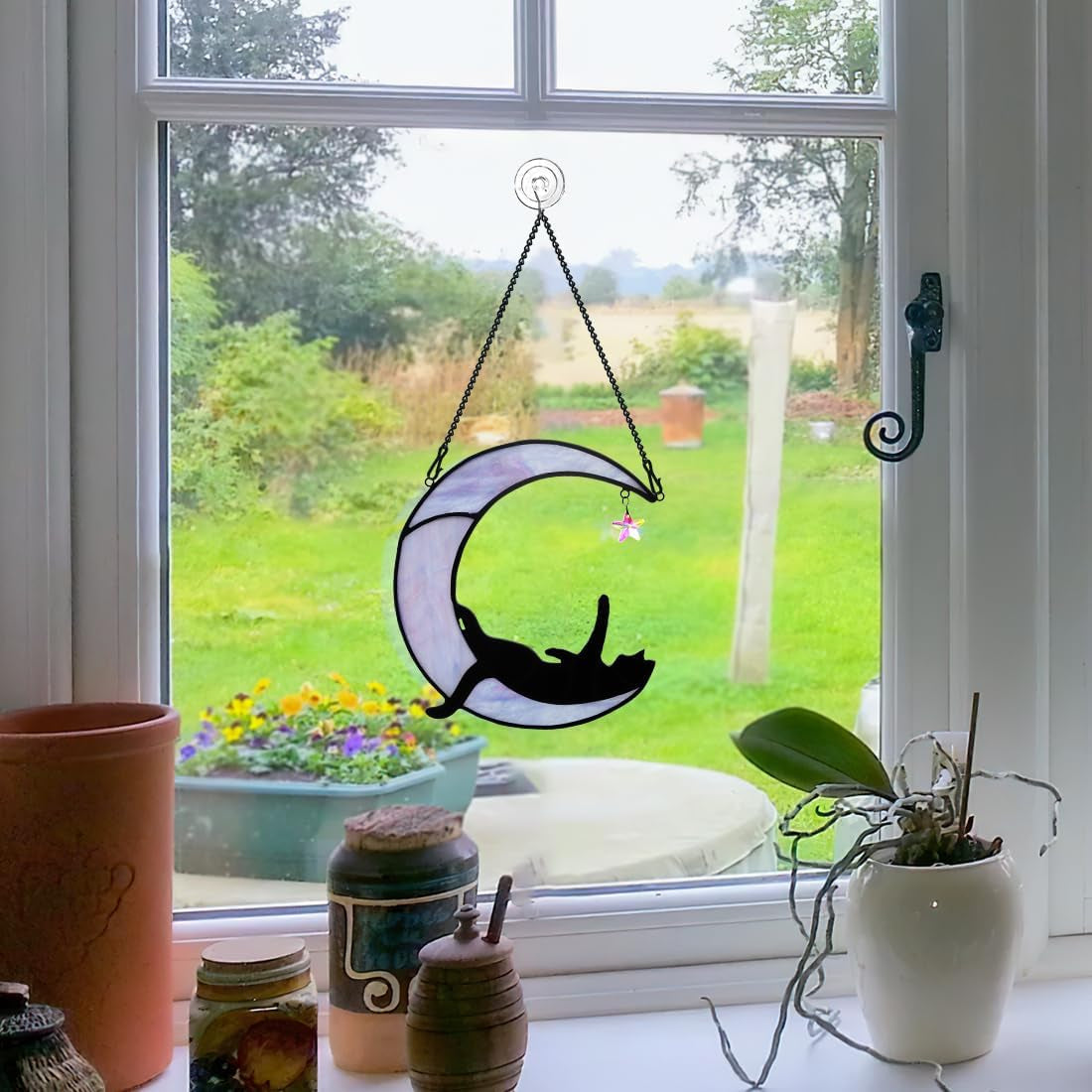 BOXCASA Black Cat Moon Suncatchers for Windows - Elegant Stained Glass Decor and Unique Gifts for Cat Lovers and Witch Enthusiasts