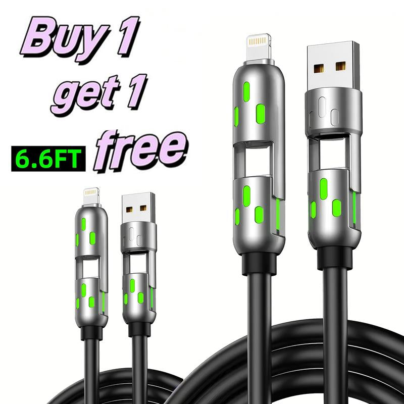 Exovan [Buy 1 Get 1 Free]-6.6Ft 4-In-1 USB-C Cable, PD Fast Charging, Data Sync, USB-A, Type-C, Lightning, Aluminum, Compatible