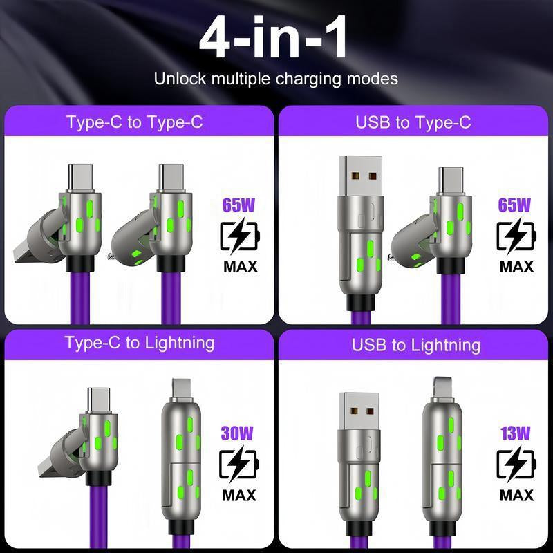 Exovan [Buy 1 Get 1 Free]-6.6Ft 4-In-1 USB-C Cable, PD Fast Charging, Data Sync, USB-A, Type-C, Lightning, Aluminum, Compatible
