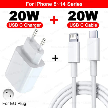 US EU Adapter 20W PD Fast Charger for Iphone 13 12 11 14 15 16 Pro Max plus Fast Charging USB C Charger Type C Cable Accessories