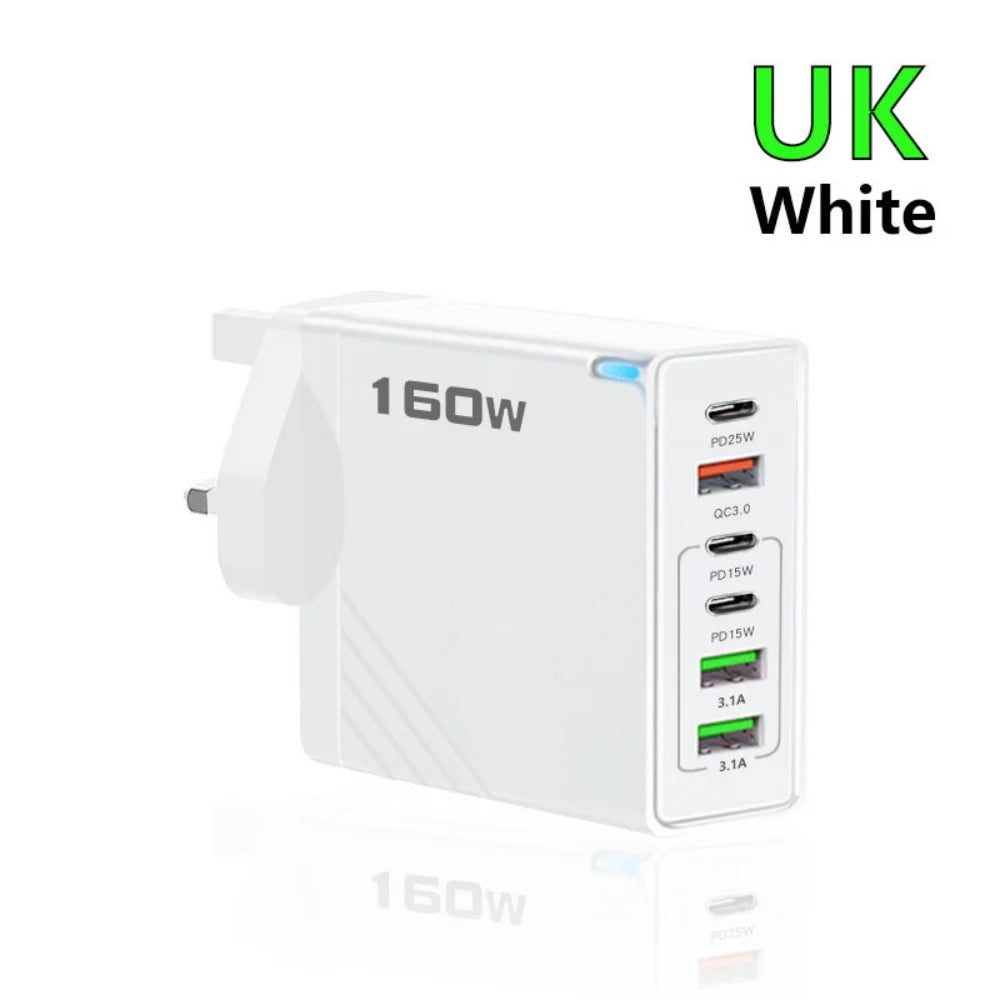 160W Multi Ports USB Charger Type C Fast Charging EU/US Plug Wall Charger for Iphone Samsung Xiaomi Huawei Phone Charger Adapter