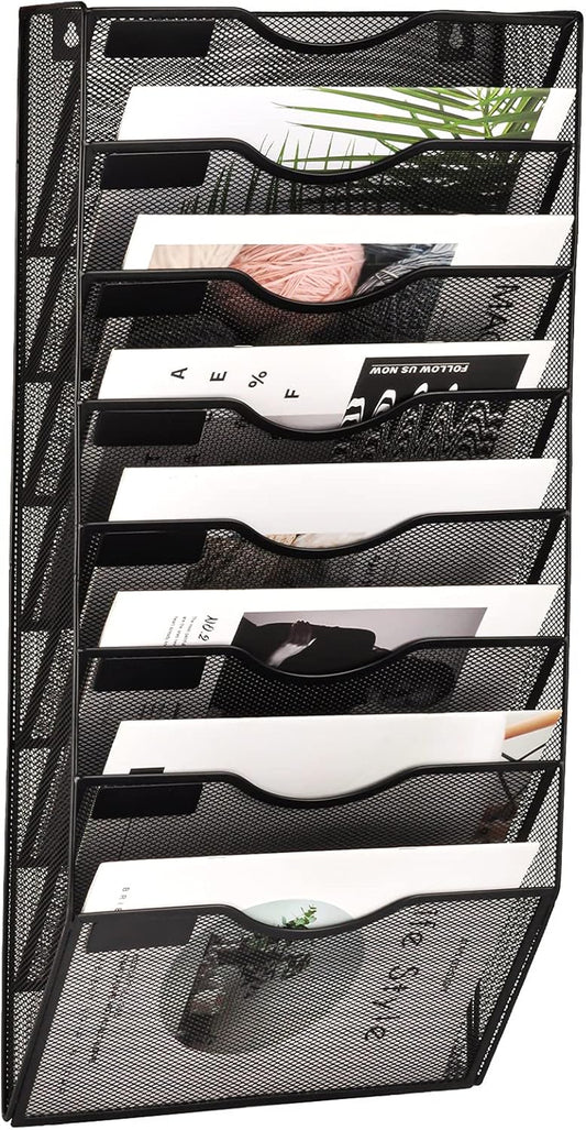 EASEPRES 8-Pocket Wall-Mounted Mesh File Organizer with Nametag Label for Office, Home, and School - Black