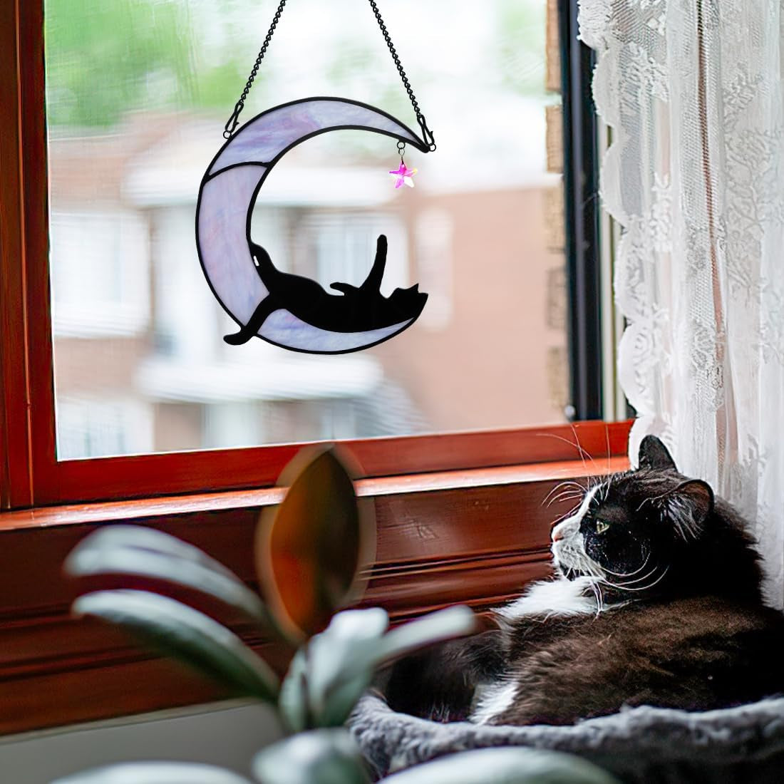 BOXCASA Black Cat Moon Suncatchers for Windows - Elegant Stained Glass Decor and Unique Gifts for Cat Lovers and Witch Enthusiasts