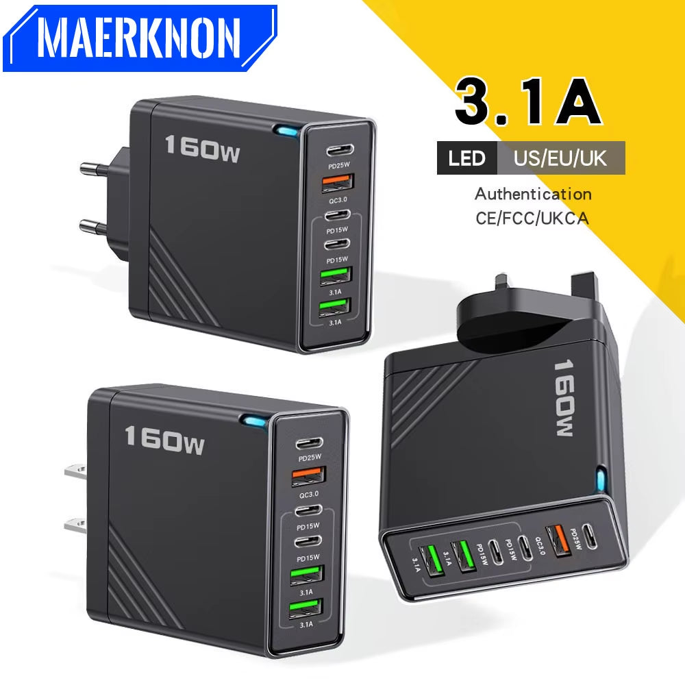 160W Multi Ports USB Charger Type C Fast Charging EU/US Plug Wall Charger for Iphone Samsung Xiaomi Huawei Phone Charger Adapter
