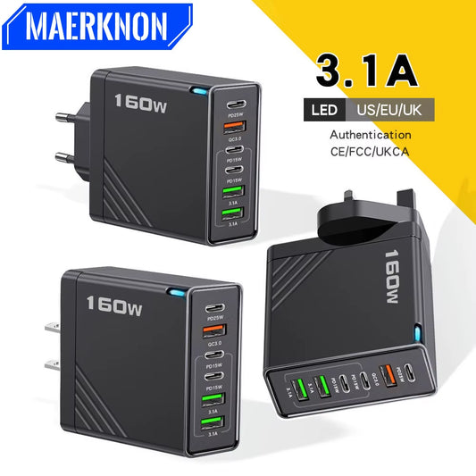 160W Multi Ports USB Charger Type C Fast Charging EU/US Plug Wall Charger for Iphone Samsung Xiaomi Huawei Phone Charger Adapter