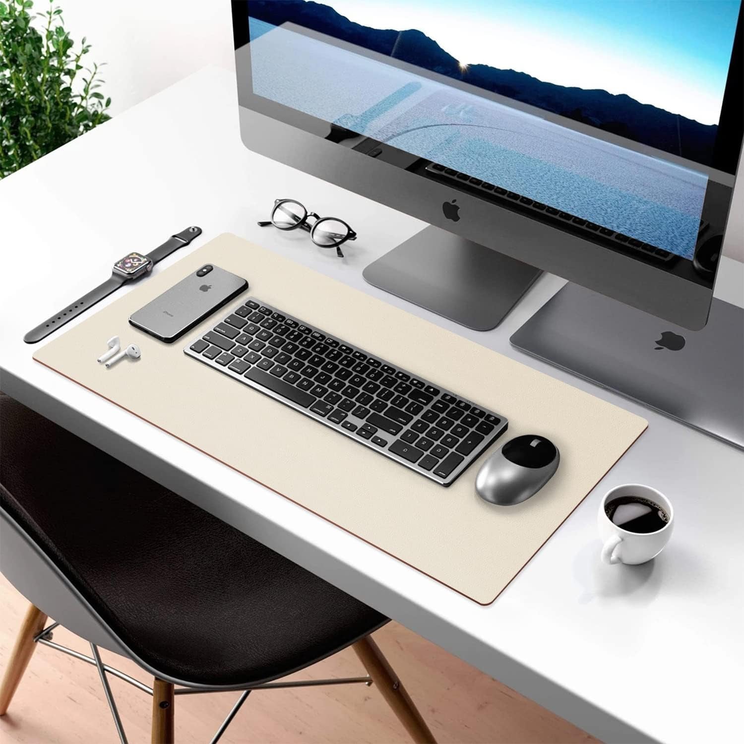 Aothia Double-Sided PU Leather Desk Pad - Large Non-Slip Mouse Pad and Desk Mat for Office and Home - Waterproof, Easy to Clean, Durable Dual-Sided Surface (23.6" x 13.7", Beige)