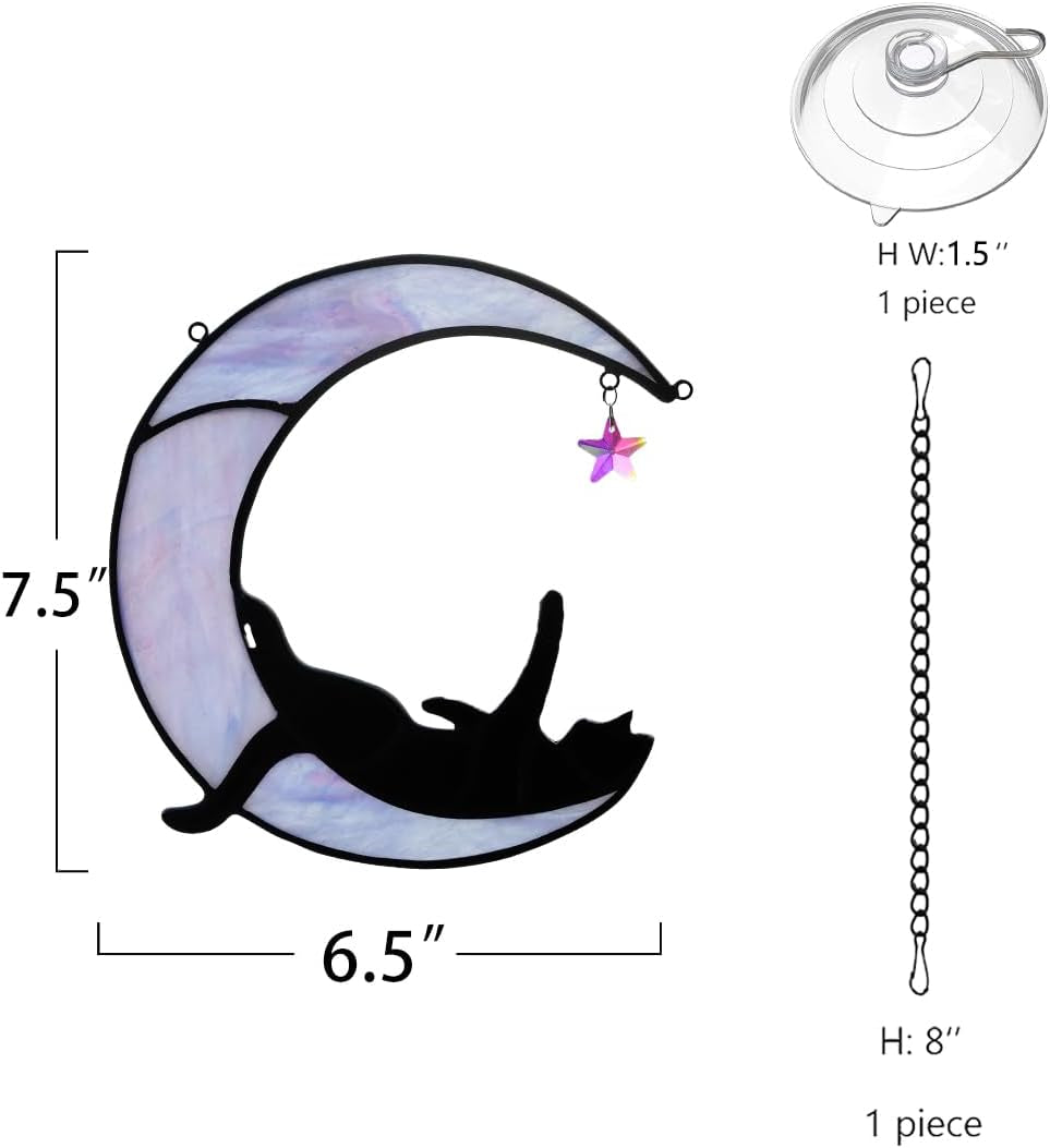 BOXCASA Black Cat Moon Suncatchers for Windows - Elegant Stained Glass Decor and Unique Gifts for Cat Lovers and Witch Enthusiasts