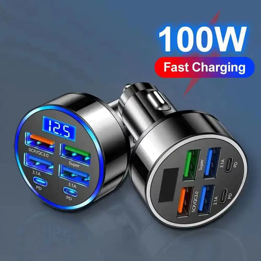 100W 6 Ports Car Charger Fast Charging PD QC3.0 USB C Car Phone Charger Type C Adapter in Car for Iphone Samsung Huawei Xiaomi