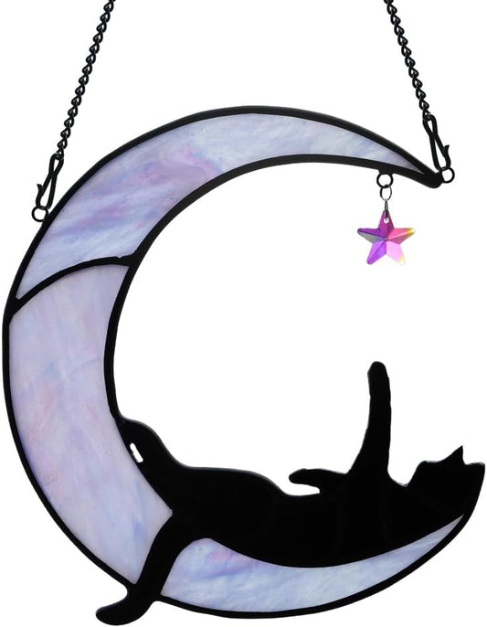 BOXCASA Black Cat Moon Suncatchers for Windows - Elegant Stained Glass Decor and Unique Gifts for Cat Lovers and Witch Enthusiasts