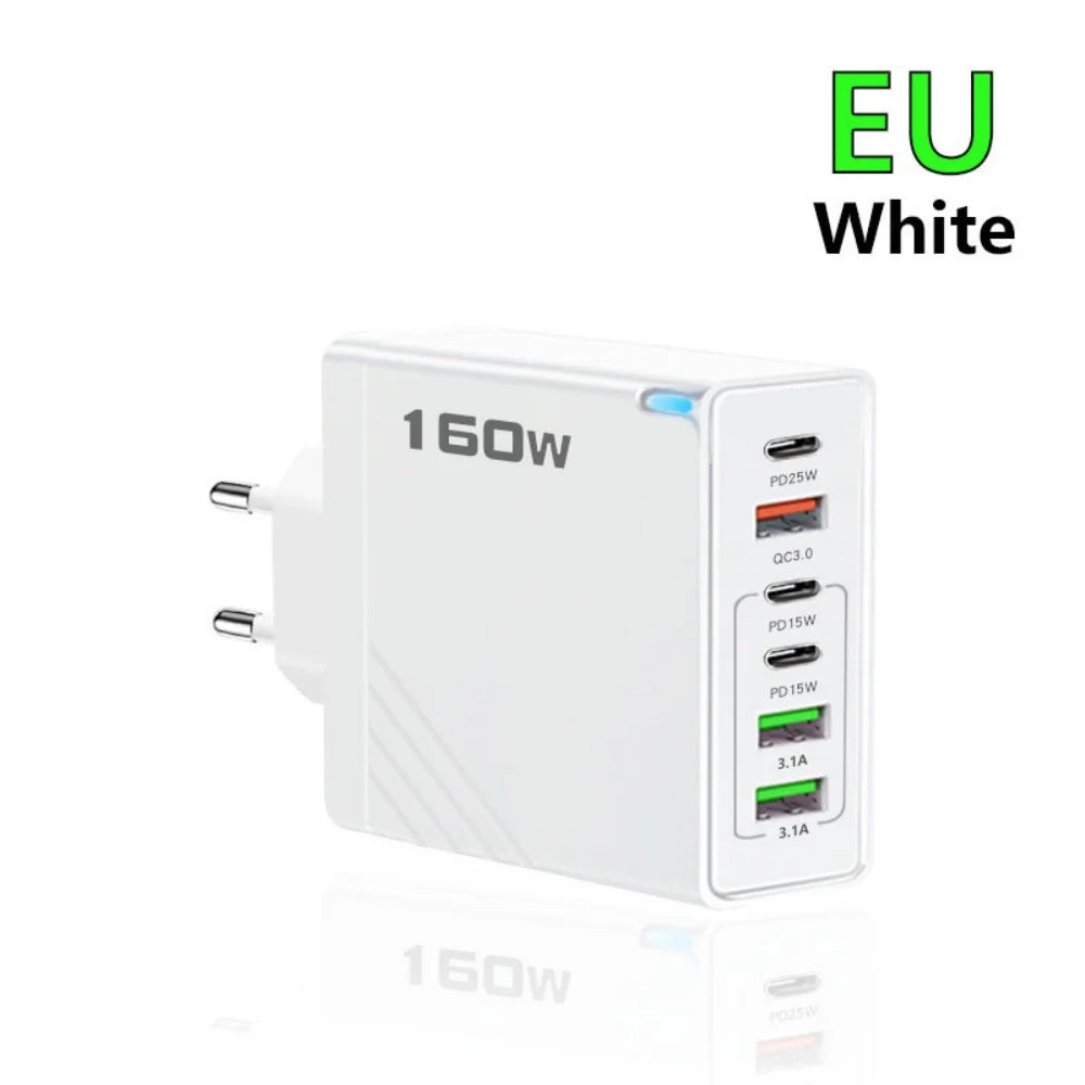 160W Multi Ports USB Charger Type C Fast Charging EU/US Plug Wall Charger for Iphone Samsung Xiaomi Huawei Phone Charger Adapter