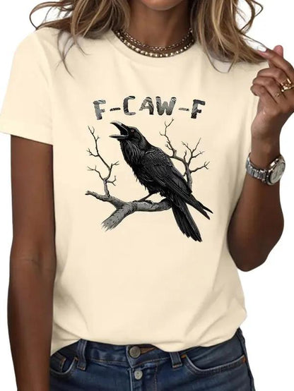 Witchy Raven T-Shirt , Bold Crow Perched on Tree with F-CAW-F Dark Humor Text , Edgy and Sarcastic Style , Unisex 1-Side Printed Cotton Tee , Tiktok Trend Shirt , Altwear Look Comfort Top