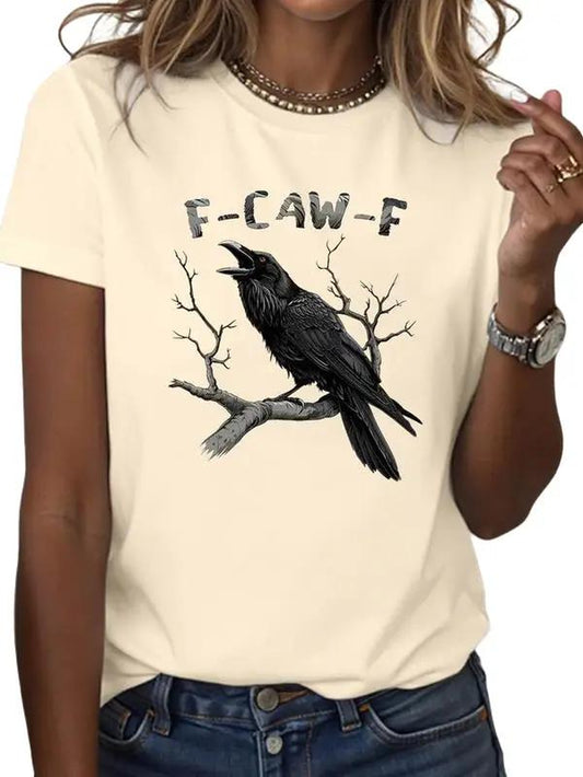 Witchy Raven T-Shirt , Bold Crow Perched on Tree with F-CAW-F Dark Humor Text , Edgy and Sarcastic Style , Unisex 1-Side Printed Cotton Tee , Tiktok Trend Shirt , Altwear Look Comfort Top